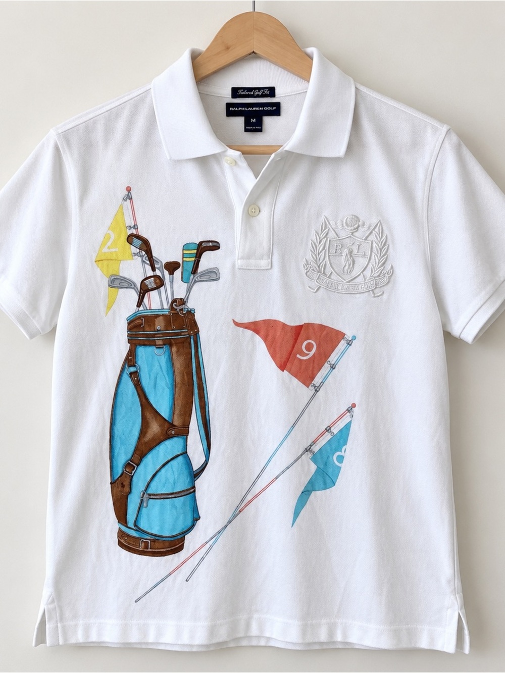 Ralph Lauren Golf Tailored Fit White Graphic Polo Shirt Womens L Crest Retro